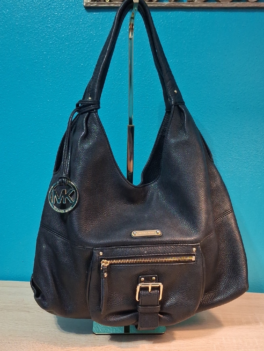 Michael Kors Fulton Black Pebbled Leather Hobo with Gold Hardware